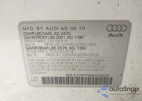 2011 Audi Q5 2.0T Premium из США, поврежденный, VIN WA1LFAFP0BA024926